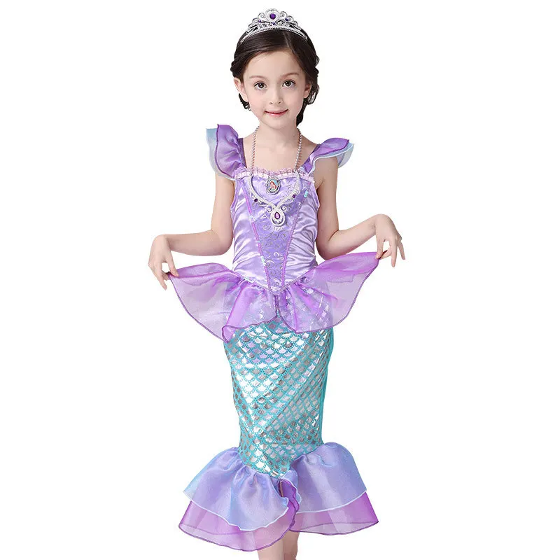Girls Ocean Mermaid Princess Cosplay Dress Kids Summer Outfit for Casual Wear Halloween Birthday Carnival Theme Party Dress-Up
