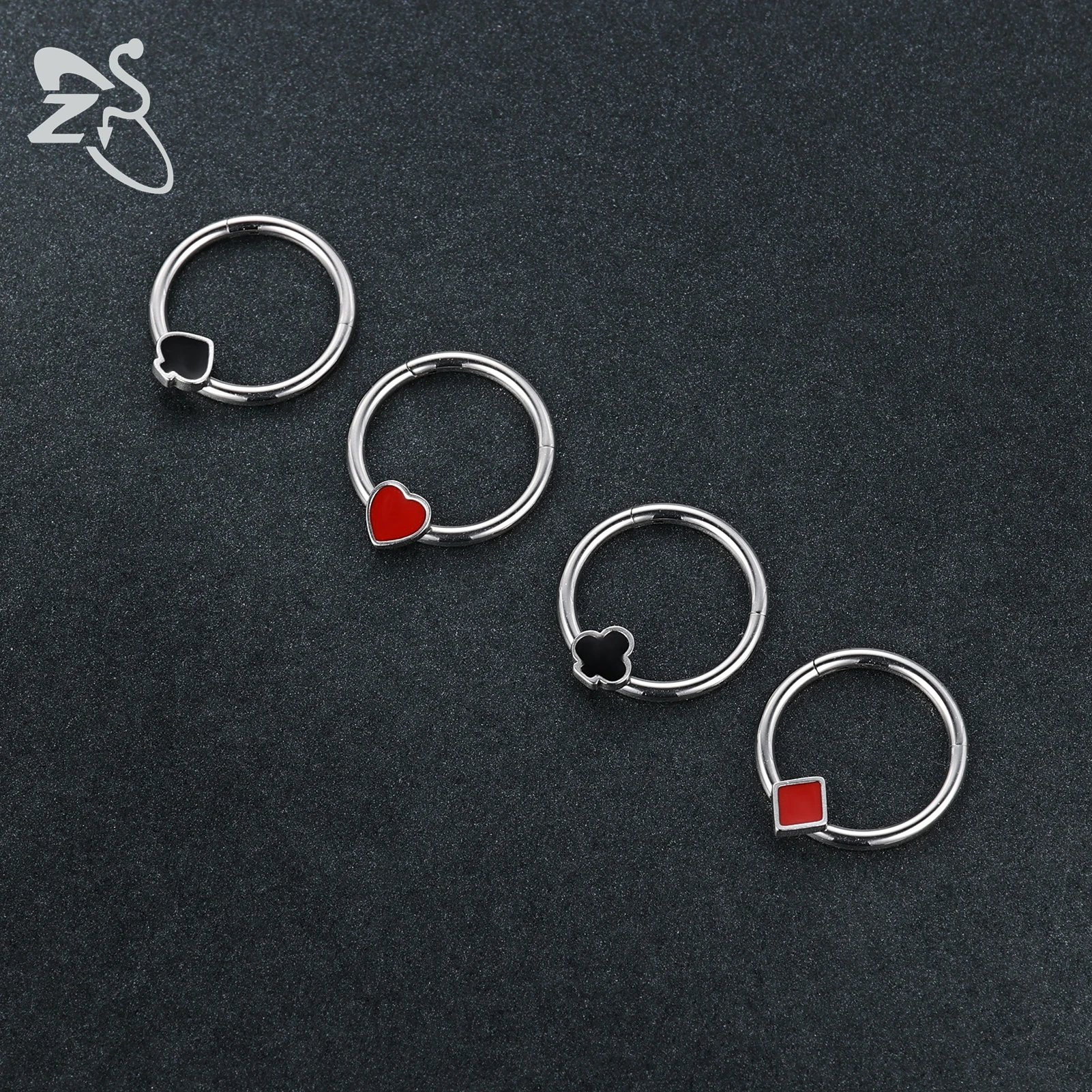 ZS 1 Buah 16G Cincin Hidung Tapal Kuda Baja Tahan Karat untuk Wanita Pria Pola Poker Kancing Hidung Bulat Perhiasan Tindik Lubang Hidung 8MM/10MM