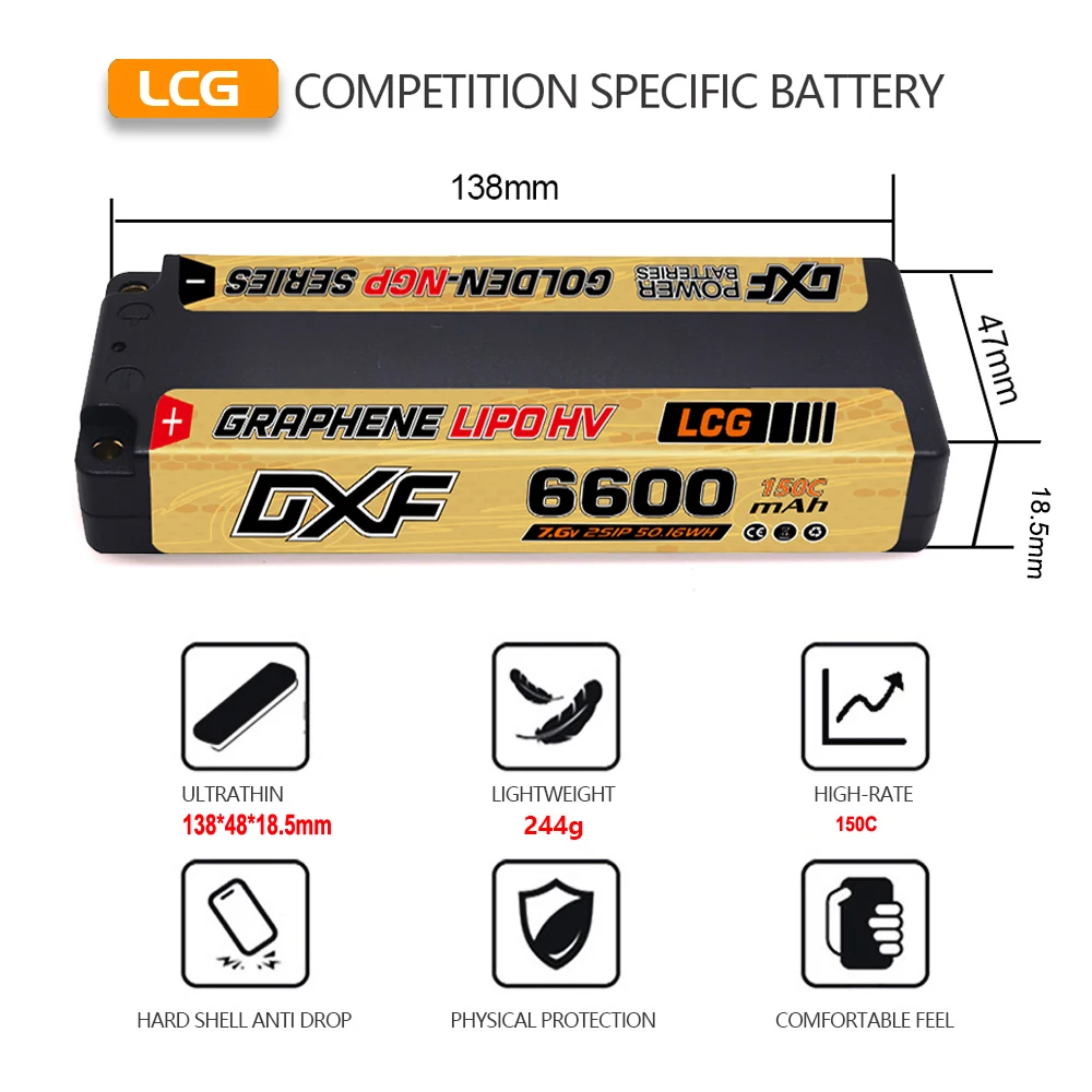 DXF Lipo 2S Battery 6600mAh 7.6V 150C HV with 5mm Bullet T Plug Hardcase for 1/10 Trucks Buggy Car Boats RC Model Parts