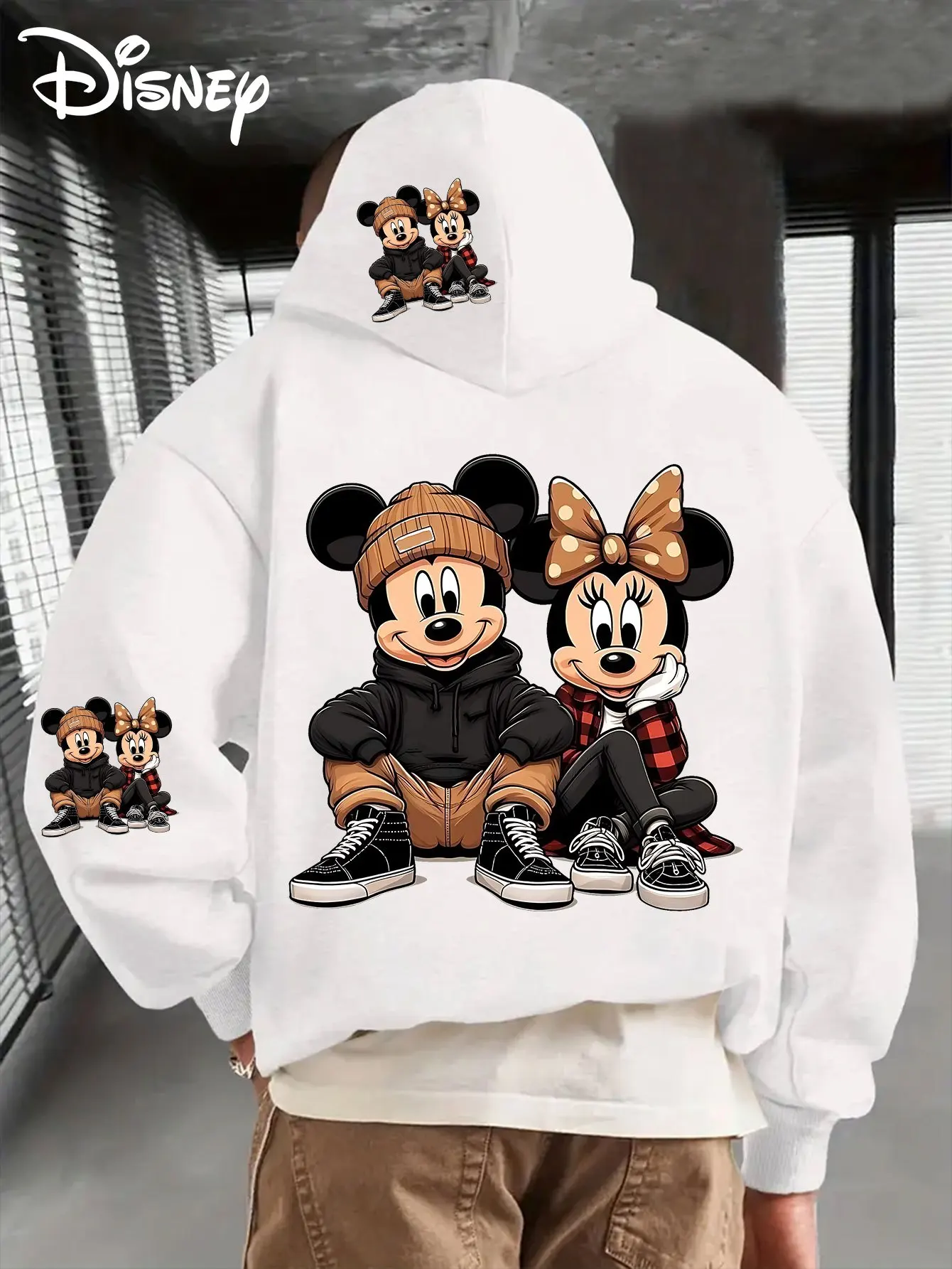 Unisex Disney Mickey Minnie Fleece-Baumwoll-Kapuzenpullover, schwarz, sitzend, Strickmütze und kariert, großer Rückendruck, Kängurutasche, lockere Passform