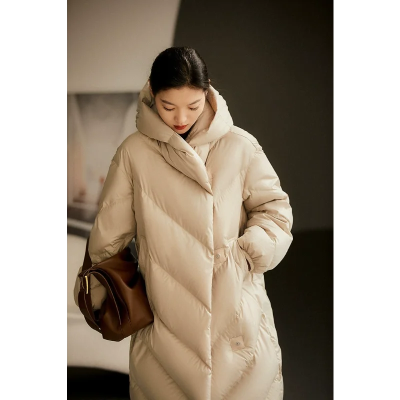 

New Winter Women Loose Long 90% White Duck Down Jacket Hooded Casual Loose Double Breasted Thick Warm Female Commute Overcoats