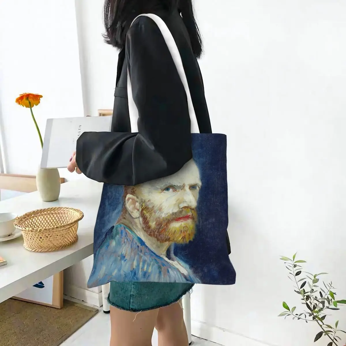 Lona saco com van gogh retrato, grande capacidade shopping bag para unisex estudante