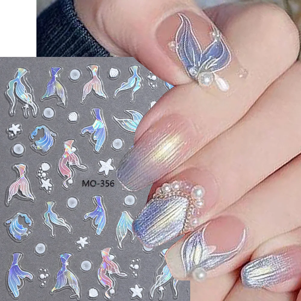 3D Holographic Mermaid Tail Nail Art Stickers Aurora Mermaid Shell Starfish Nail Decals Ocean Design Manicure Foils Decors GLMO