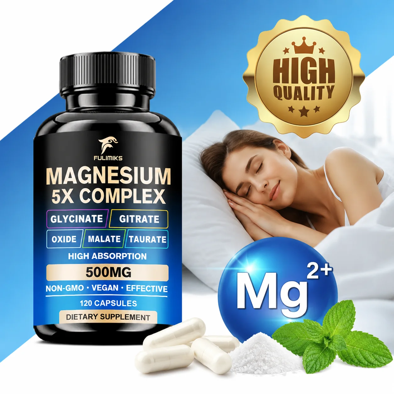 Magnesium Complex Supplement, with Magnesium Oxide, Citrate, and Glycinate, Support Digestion, Bone, Sleep & Muscle Health