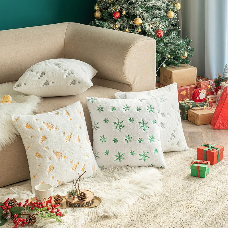 

Throw Cushion Cover Christmas Tree Embroidery Plush Snowflake Embroidery Living Room Bedroom Sofa Comfortable Pillow Case Cover