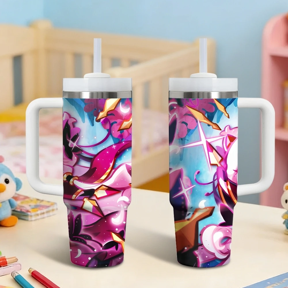 Cute C-cookie Run Kingdom Vacuum Flasks 40oz Stainless Steel Insulated Tumbler with Handle & Straw Leakproof Travel Mug