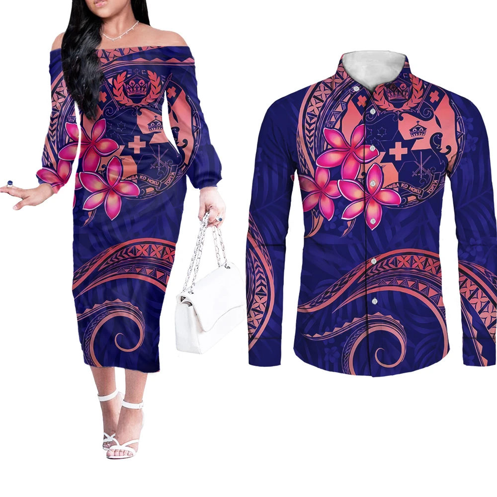 Noisydesigns Off Shoulder Dresses Women Match Men Shirt Polynesian Plumeria Pohnpei Island Elegant Party Long Sleeve Maxi Dress