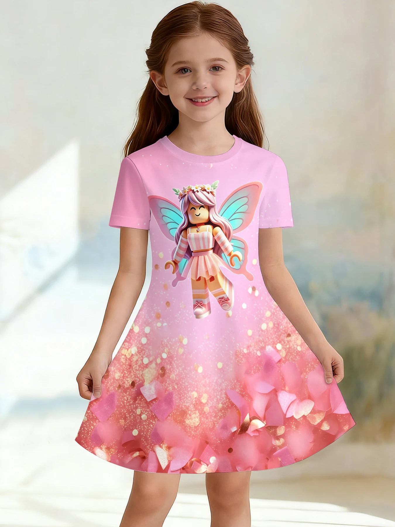 robox：Girls 3D Crew Neck A-line Dress, anime girl mecha-style pink color-block print, perfect for parties and birthday gifts.