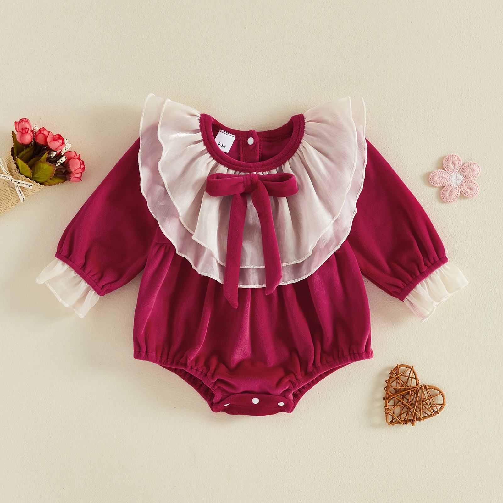 Baby Girl Autumn Winter Velvet Romper Long Sleeve Layered Ruffle Collar Bodysuit Christmas Outfits