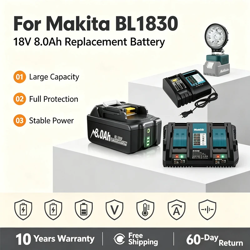 Für Makita BL1830 Akku 18V 8000mAh Lithium BL1830 BL1815 BL1860 BL1840 mit 4A Ladegerät, wiederaufladbarer Werkzeugakku, Arbeitsleuchte