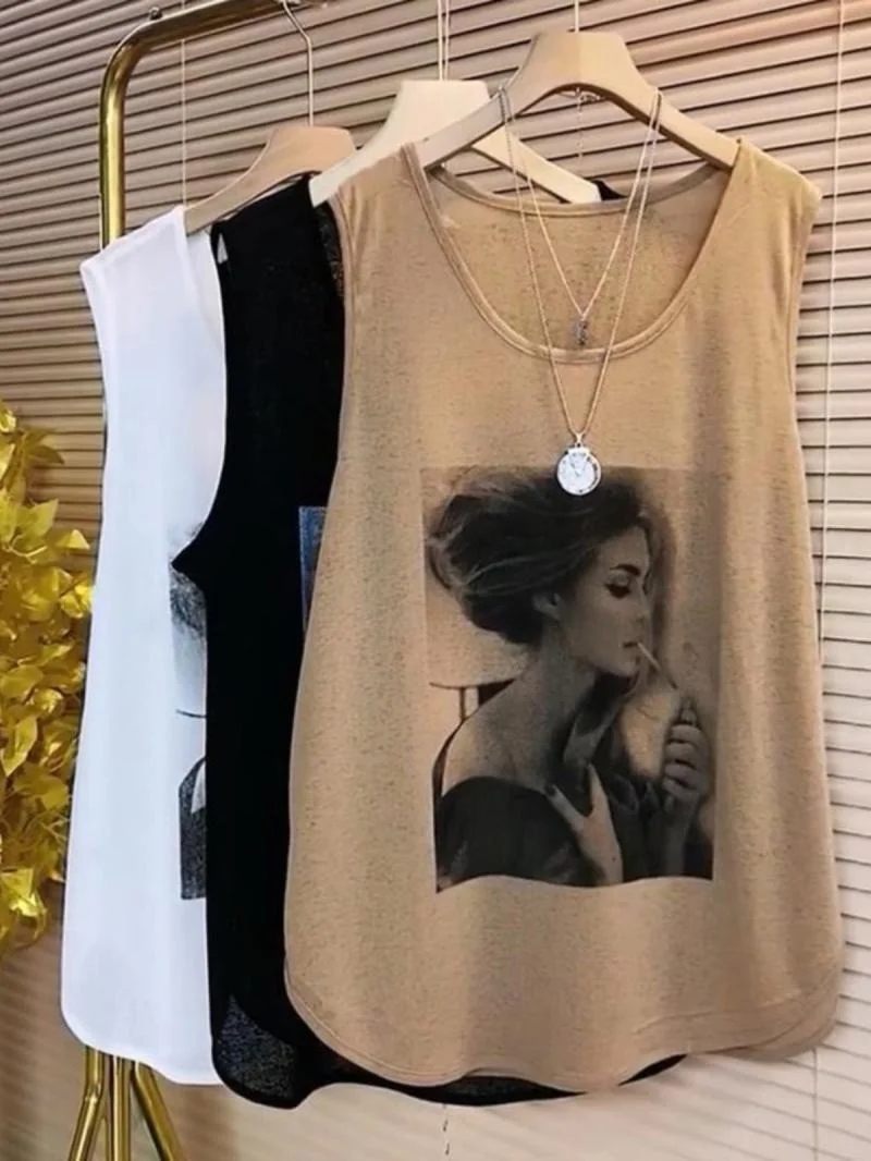 

Женская свободная майка больших размеров (до 136 кг), средней длины, без рукавов, летняя одежда, в милом стиле, с принтом, повседневная, с вырезом «сердечко»