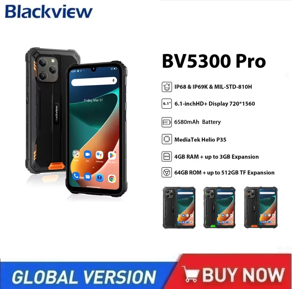 Blackview BV5300 Pro 4G Rugged Smartphones Android 12 Waterproof 4GB+64GB Phone 13MP Camare 6580mAh Battery Mobile Phone NFC