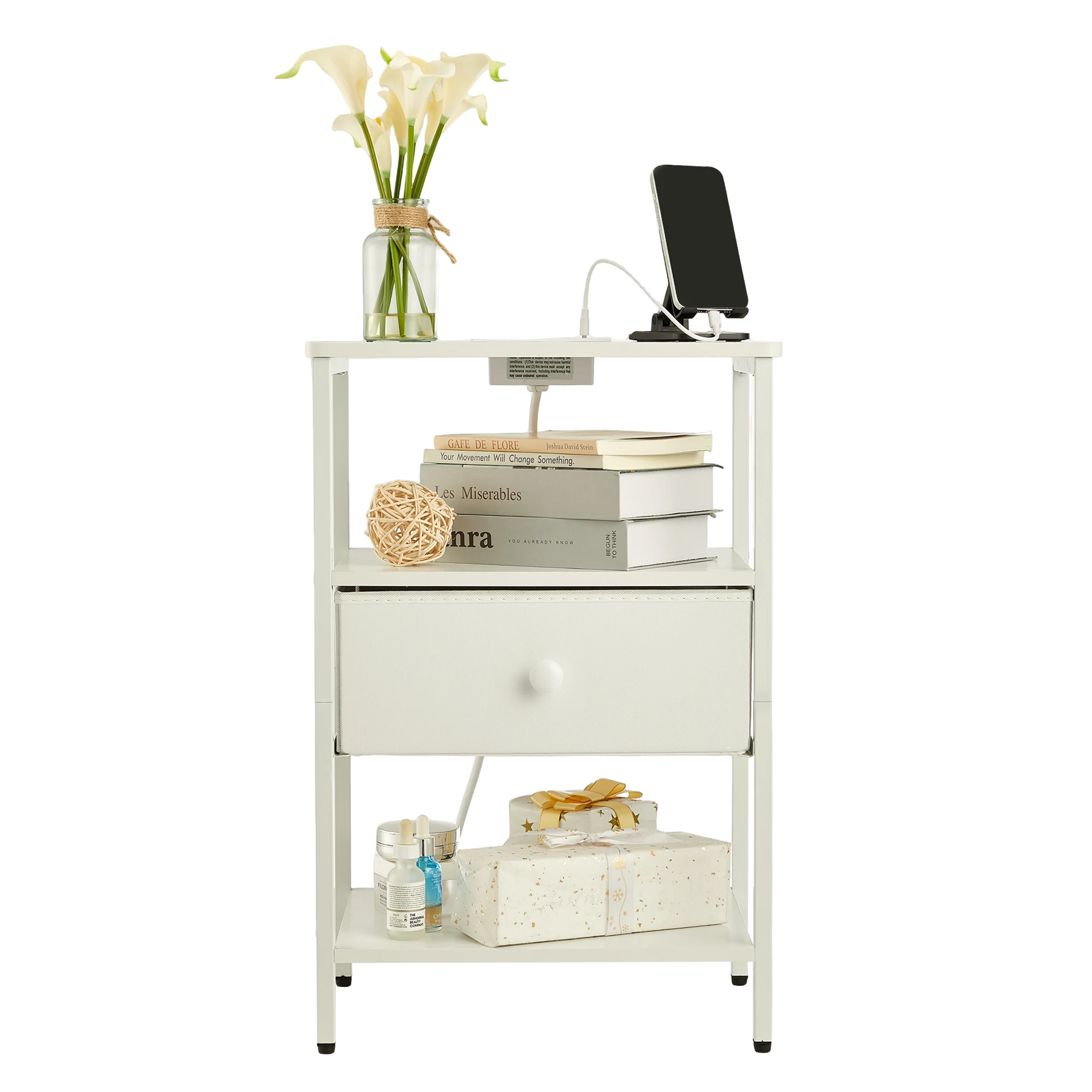 Bedside Table with Charging Station - 3-Tier Open Storage Bedside Table with Fabric Drawer, Heavy-Duty Metal Frame End Table for Bedroom/Small Spaces - 2 Outlets + USB-C
