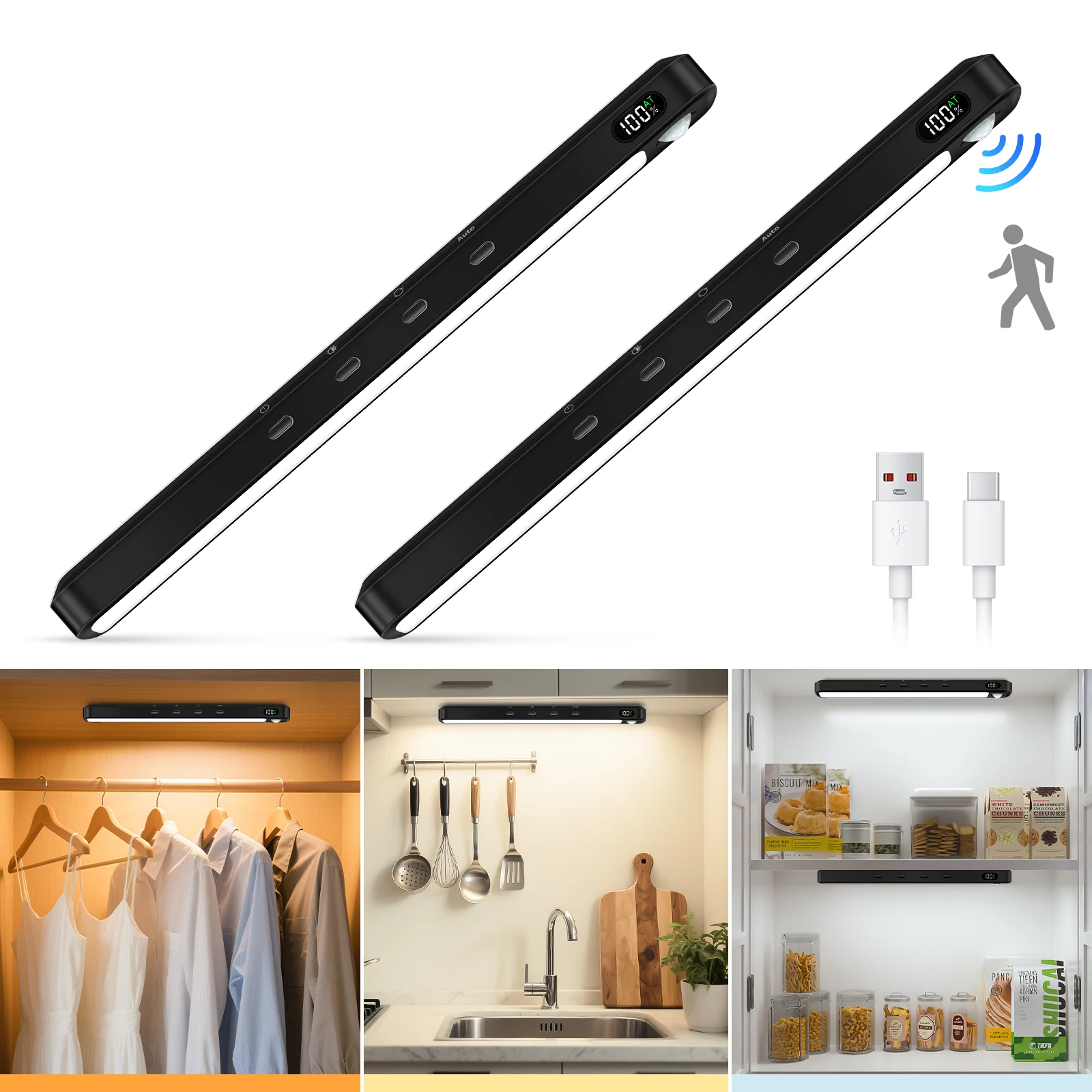 WILLED Rechargeable Motion Sensor Cabinet Light Indoor 3 Colors Dimmable Magnetic Light Bar Night Light for Cabinet Closet Desk