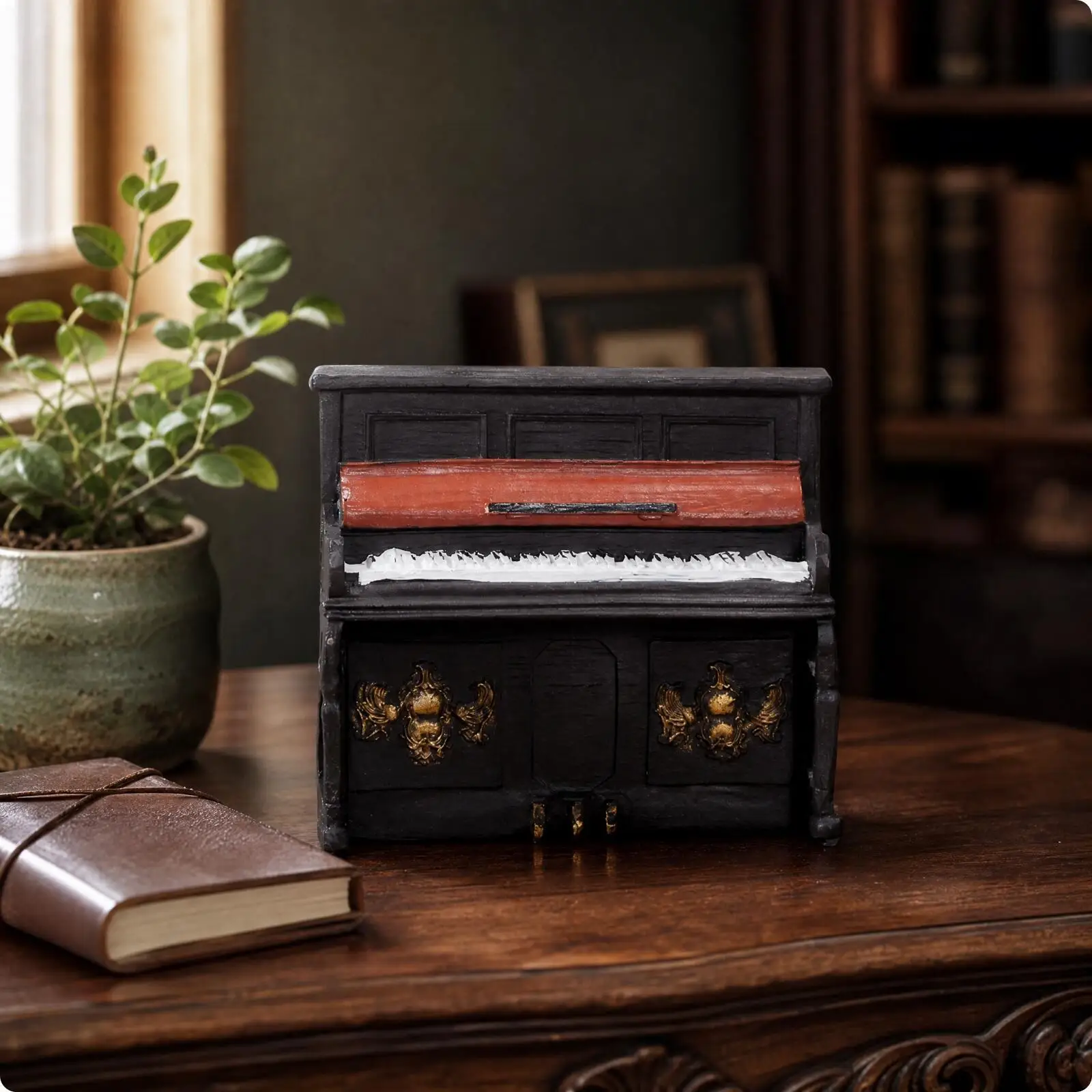 Mini Piano Ornament with Gold-Tone Embellishments Compact Retro Upright Piano Miniature Retro Ornament Low-Profile
