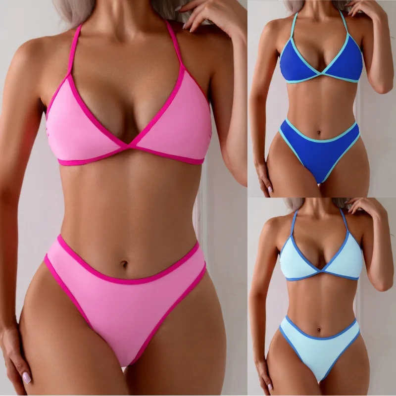 

Swimsuit Solid Color Lace-Up Triangle Fashion Beach Bikini European and American Swimsuit Women