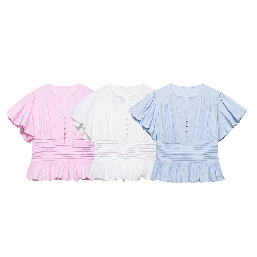 

WOMAN 2026 Summer New Fashion Puff-Sleeve Ruffle Trim Blouses Vintage Short Sleeve Casual Female Shirts Blusas Chic Tops