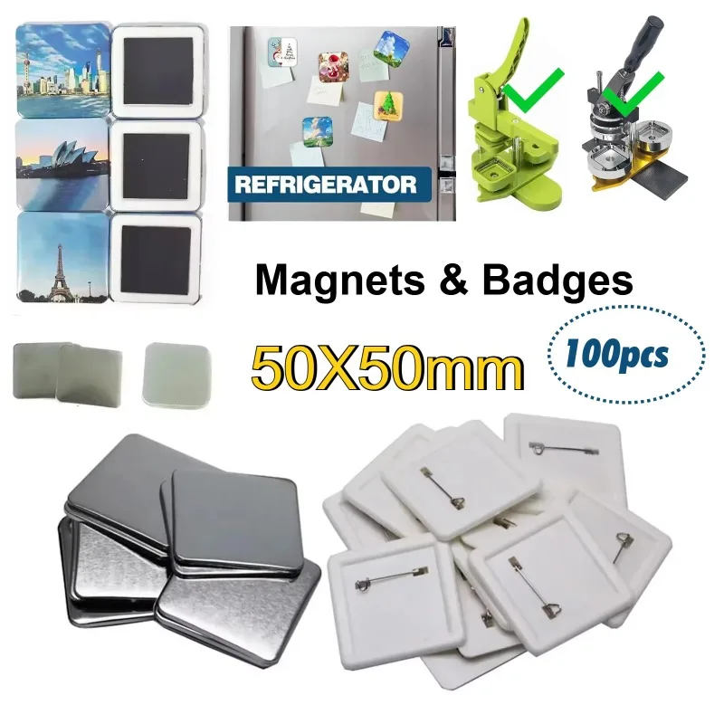 Square DIY Blank Pin Button Badge Material 50x50mm Refrigerator Magnets Badge Button Making Parts Press Machine Supplies 100sets