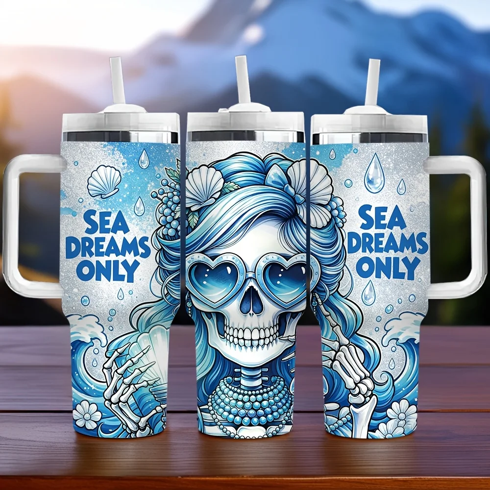 40oz Long Lasting Insulated Tumbler with Handle, Sea Dreams Only Blue Ocean Skeleton Print, Ideal Holiday Birthday Gift for Ocean Lovers, Suitable for Daily Use Travel And Outdoor Activities
