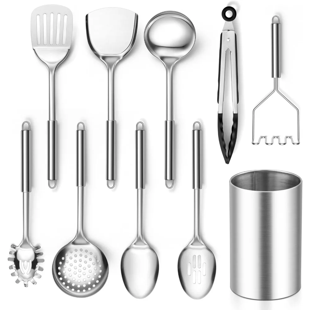 

e-far cooking utensils set, 10-piece stainless steel kitchen utensils with holder, metal heat resistant kitchen cookware tool sp