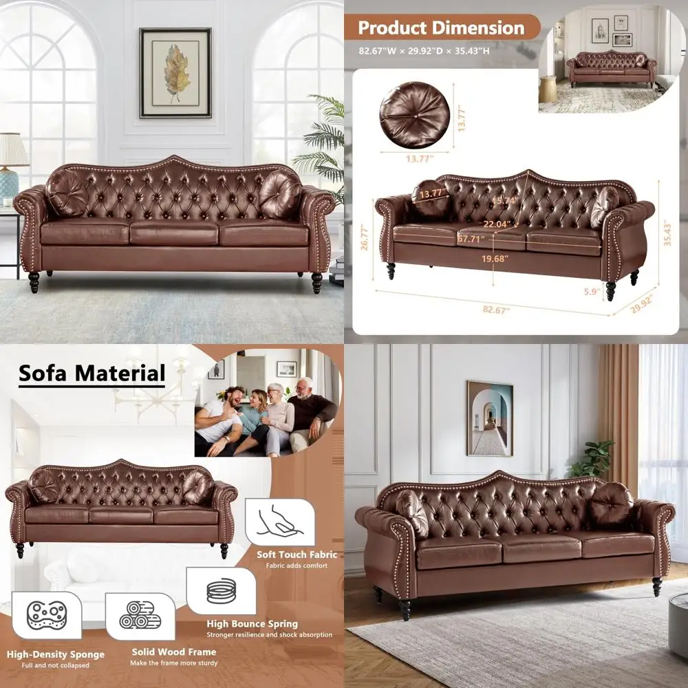 

"82 inch three seater chesterfield-style mid-century modern pu leather sofa with deep button tufted design for living room"