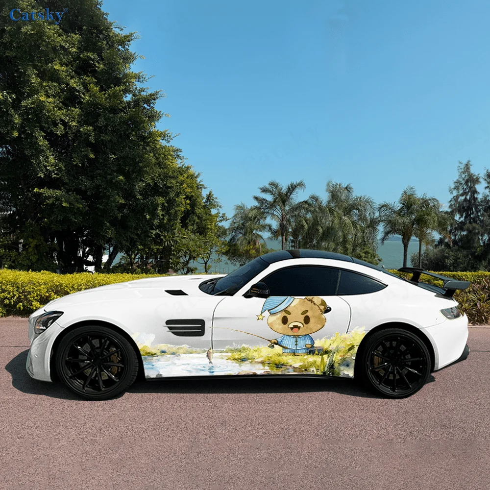 Cute pajama teddy bear creative pattern stickers for car body and door side, fashionable stickers, two pieces of decoration suit