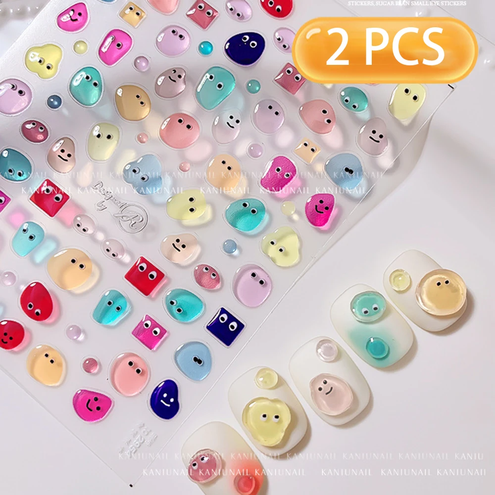 2 PCS 5D Cartoon Funny Nail Sticker Jelly Cute Sugar-bean Nail Art Decals Sticker for DIY Press ON Self-Adhesive Smile Emote