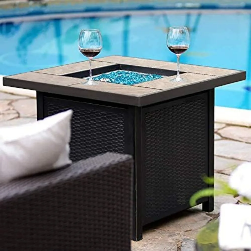 Fire Pit Table, Propane Gas Fire Pit Table 32 inch 50,000 BTU Square Gas Firepits, Rattan Look Gas Firepit with Blue Fire Glass