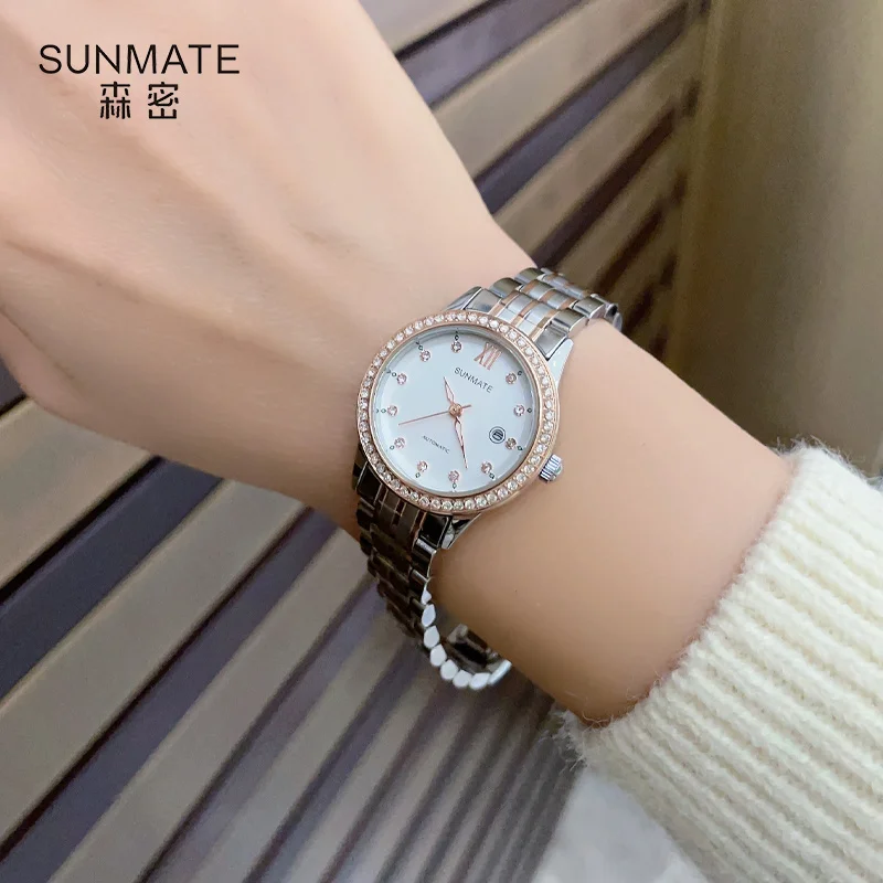 ساعة ميكانيكية أوتوماتيكية للسيدات من SUNMATE، فاخرة وأنيقة، مقاومة للماء، سوار فضي، ساعة يد نسائية مع صندوق هدايا
