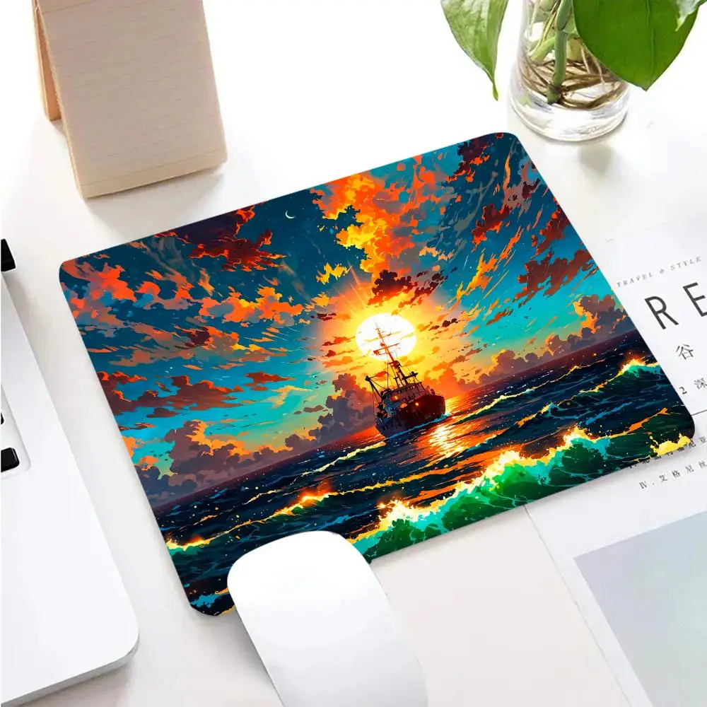 แผ่นรองเมาส์ลายทิวทัศน์พระอาทิตย์ตกแบบญี่ปุ่น แผ่นรองเมาส์สำหรับคอมพิวเตอร์ สำนักงาน เล่นเกม ทำจากยางกันลื่น ขนาดกะทัดรัด ใช้ตกแต่งโต๊ะทำงาน