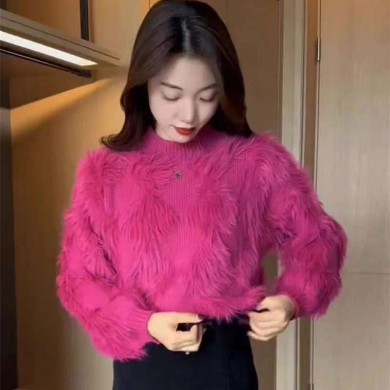 ربيع الخريف السيدات بلون البلوز Lmitation المنك الكورية الإناث طويلة الأكمام محبوك القمم المرأة الجولة الرقبة الحياكة معطف #1