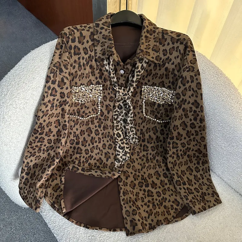 Autumn Heavy Industry New Diamond-Encrusted Leopard Print Long Sleeves Shirt Y2k Loose Casual Fashion Mid-Length Blouse Top Coat