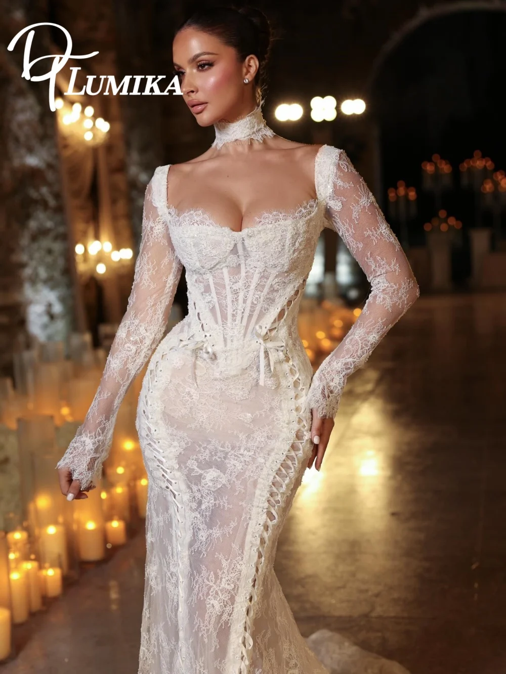 Romantic 3 D Lace Mermaid Wedding Dress 2026 Enchanting Sweetheart Neck Long Sleeve Lace-Up Back Train Bridal Gown Vestidos De N