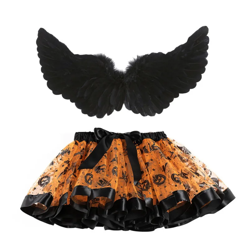 

Black Feather Wings Two-piece Printed Mesh Children's Half Skirt Halloween Fashionable Cute Dress Up Skirt Gifts For Children
