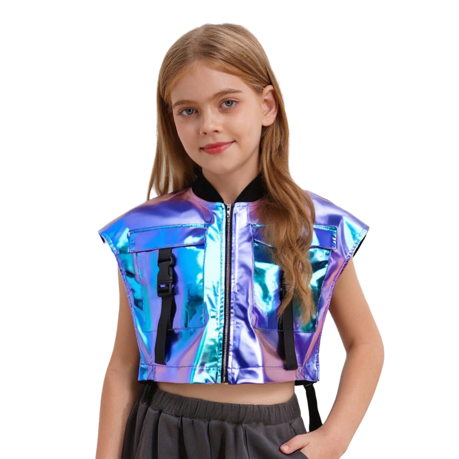 Kinderen Meisjes Glanzend Metallic Glanzend Vest Tops PU Mouwloos Rits Zijkanten Open Jasje voor Hiphop Jazzdans Stage Performance - afbeelding 2