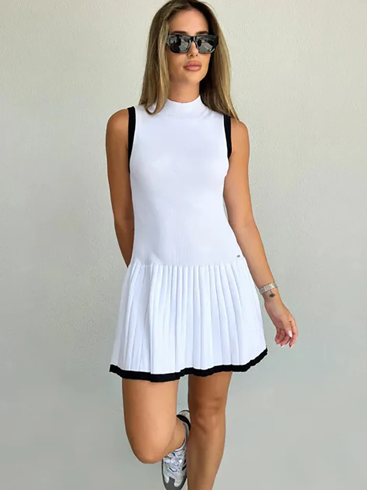 Fantoye Knitted Sexy Round Neck Pleated Women Dress White Sleeveless High Waist Dress Female Autumn Skinny Casual Sporty Dress