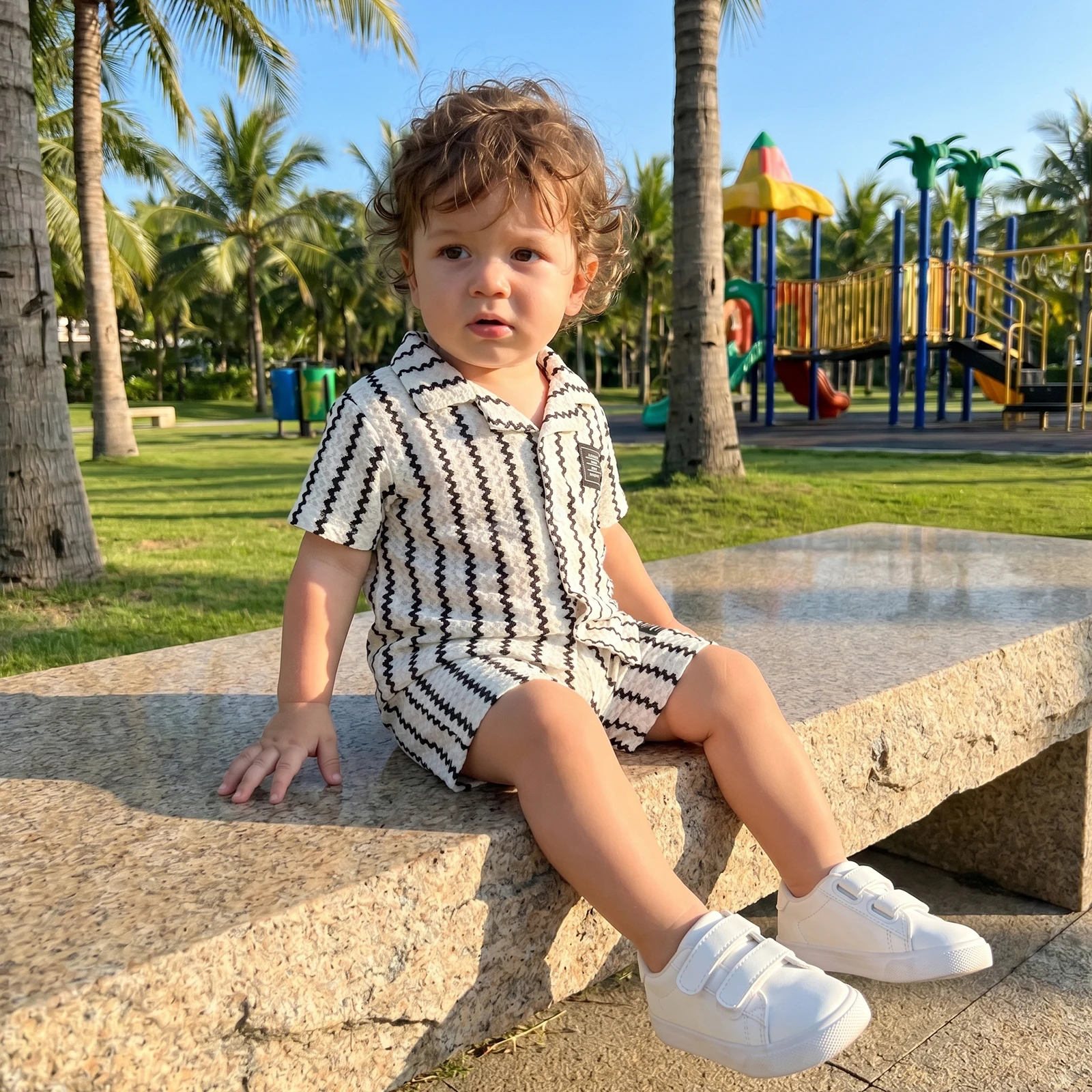 Fashion Summer Baby Boys Texture Striped Outfits Short Sleeve Lapel Button Up Shirt Knit Shorts Baby's Sets