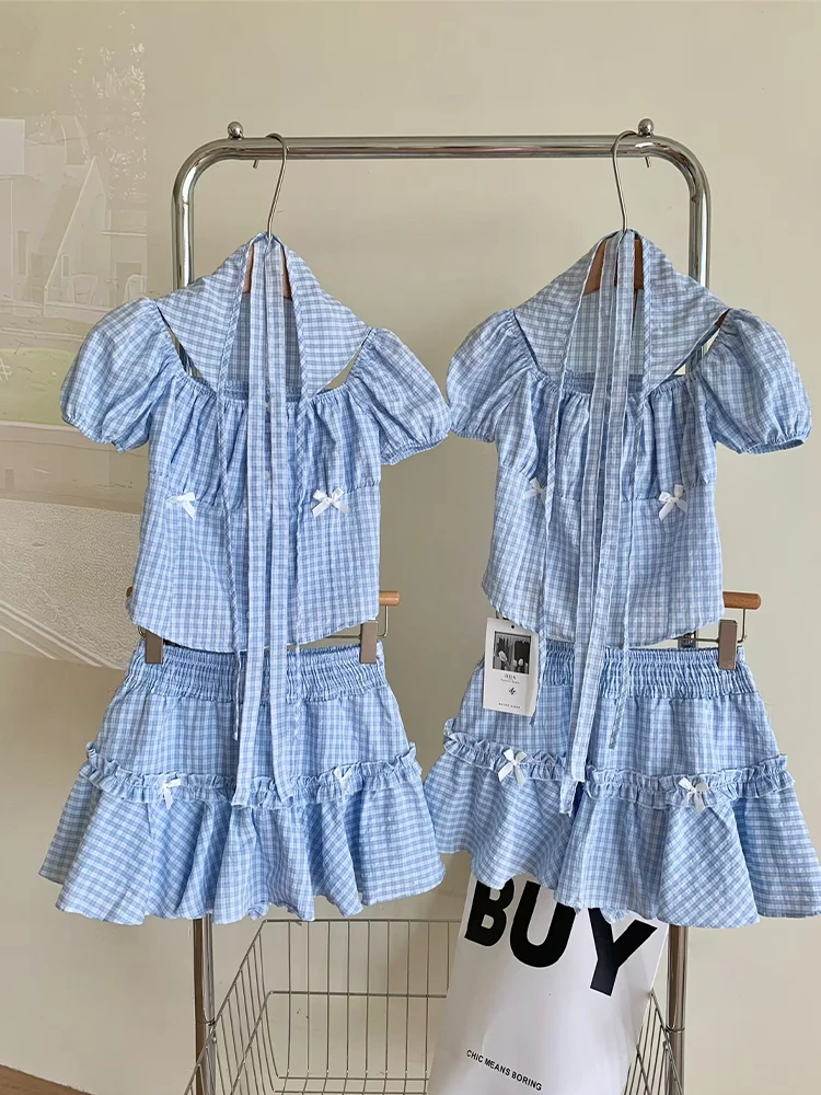 Setelan pakaian wanita dua potong Vintage, setelan wanita dua potong, rok Mini A-Line dan kemeja lengan pendek Harajuku 90s Y2k, set celana elegan 2000s pakaian musim panas