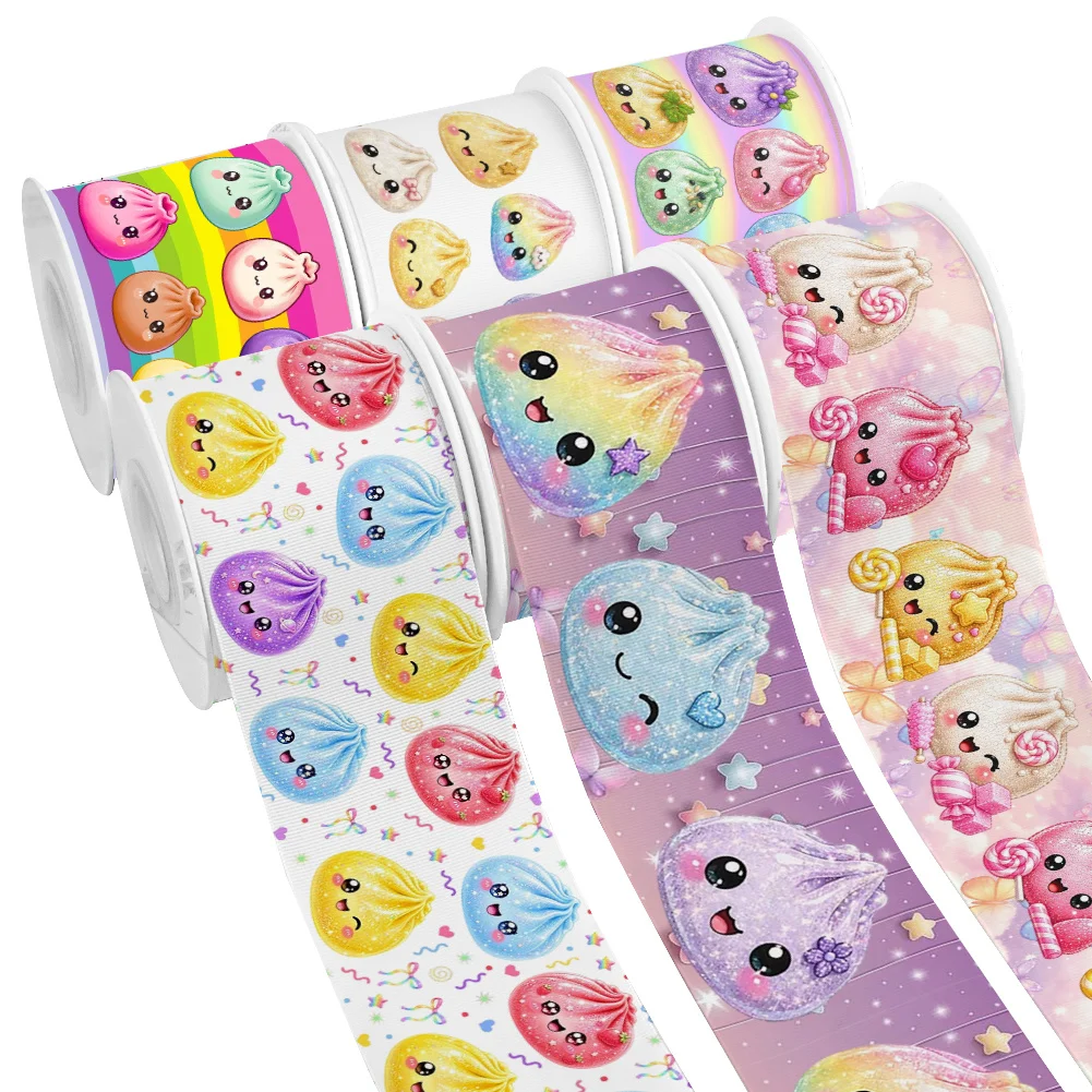 5yards Japanese Cartoon Bao Buns Dumplings Printed Grosgrain Ribbon for Cheer Bows DIY Girl Headwear Hair Bows Satin Ribbon