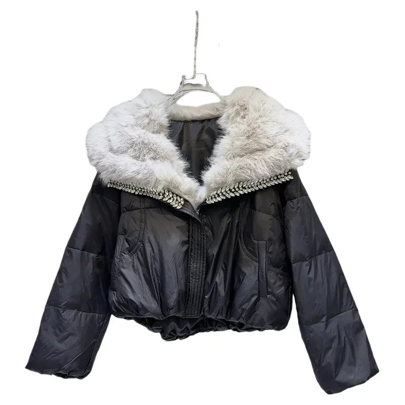 Chaqueta de plumón de pato blanco para mujer, Parkas cortas con cuello de piel y cuentas de diamantes de imitación, abrigo cálido que combina con todo, moda de otoño e invierno, 2024