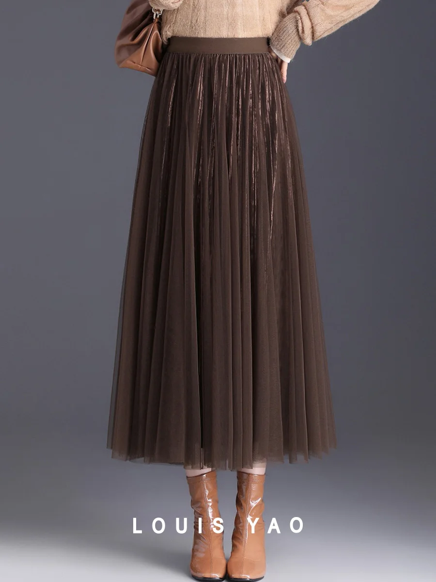 LOUIS YAO 2025 Winter Two sided Mesh Velvet Skirt Fashionable Romantic Commuter Umbrella Long Women's Half length Skirt