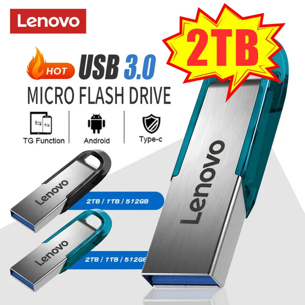 Lenovo 2TB 1TB Metal USB 3.0 Flash Drives 512GB High Speed Pendrive 256GB USB Drive 128GB USB Memoria Flash Disk For Laptop PC