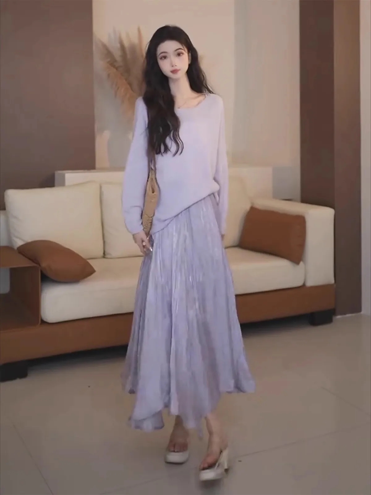 

Женский свободный трикотажный комплект Spring Lazy Sle Long Sve с высокой талией и юбкой длиной, комплект из двух предметов, удобный моющийся комплект...