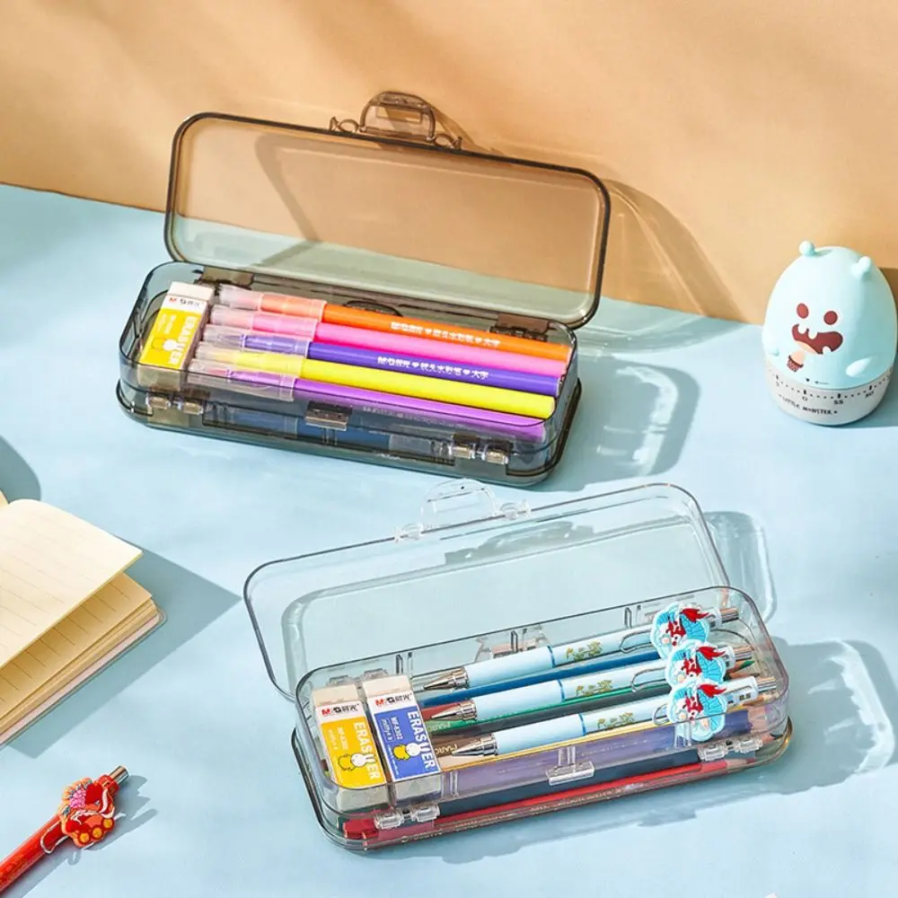 Transparent Stationery Case Waterproof Double Layer Pen Pencil Case Box Dustproof Multifunctional Desktop Storage Box