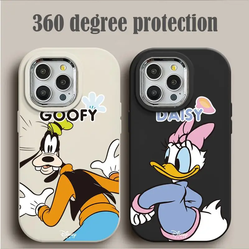 Plating Metal Lens Phone Case for iPhone 15 14 13 12 11 Pro Max Plus Solid Color Liquid Cover Goofy Saisy Donald Duck Pluto