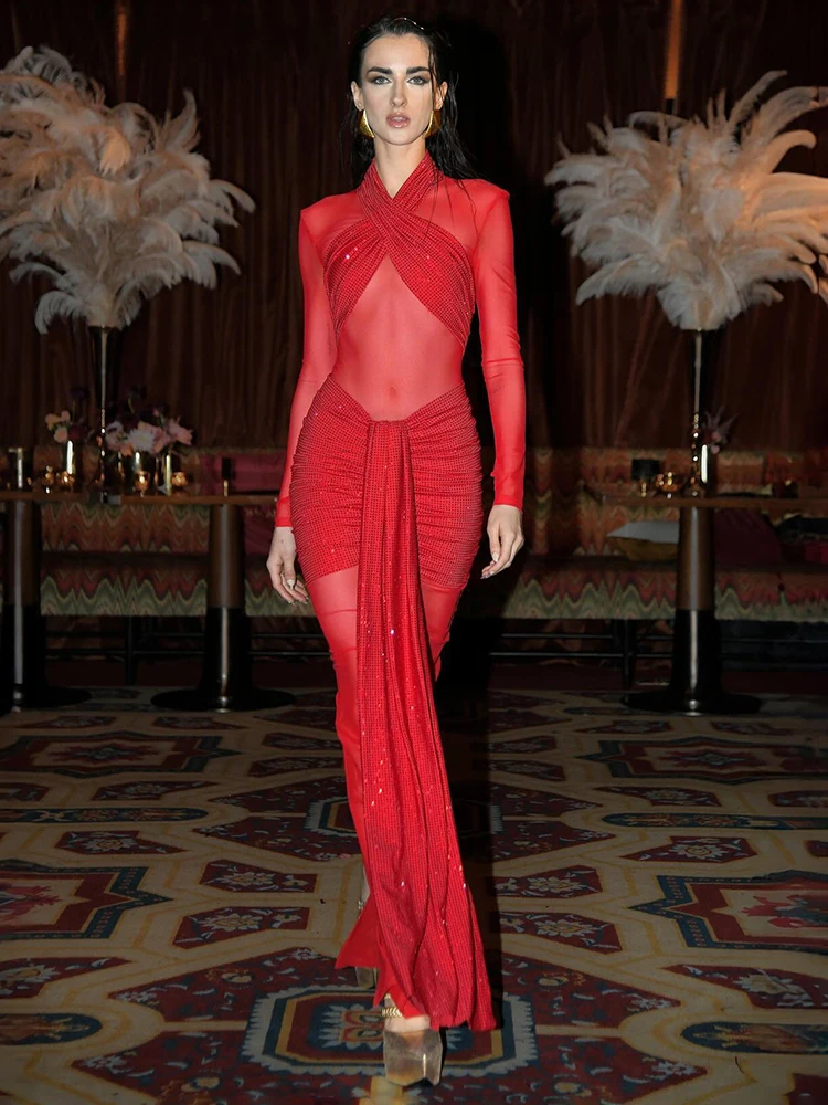 Glamorous Red Sequin Mesh Long Sleeve Dress – Deep V Neckline & High Slit Sheer Pageants Party Evening Gown