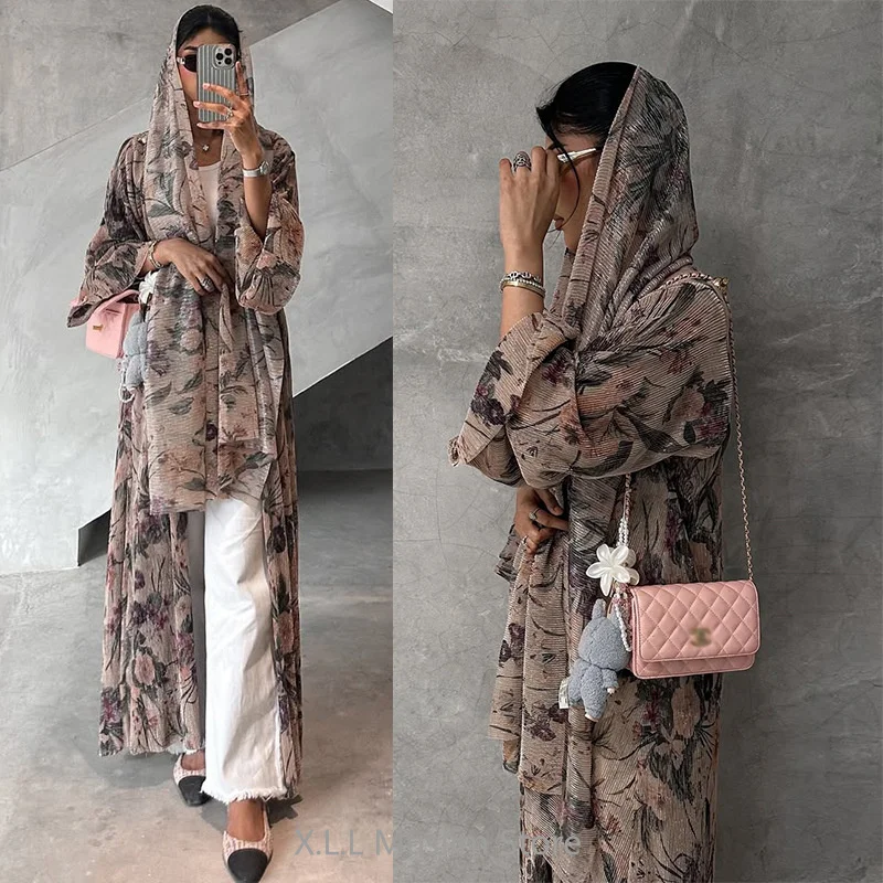 

Fashion Modest Women's Clothing Arabic Abaya Long Sleeve Pleated Cardigan Printed Robe With Hijab Islamic Clothing Woman