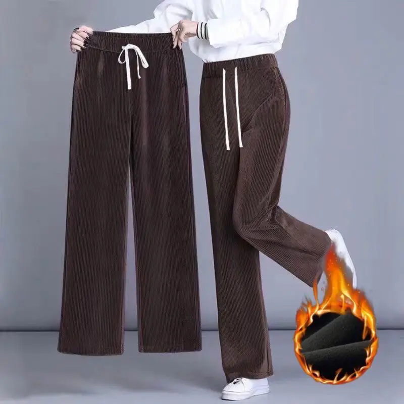 Autumn Winter Fleece Wide Leg Pants Women High Waist Loose All-match Straight Casual Trousers Simplicity Lacing Elastic Waist