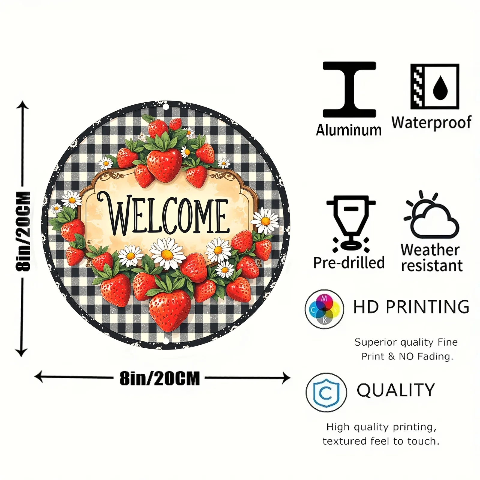 HD Aluminum Metal Sign, Welcome Strawberry Daisy Round Wall Decor, Retro Buffalo Plaid Fruit Floral Design Tin Poster for Home G