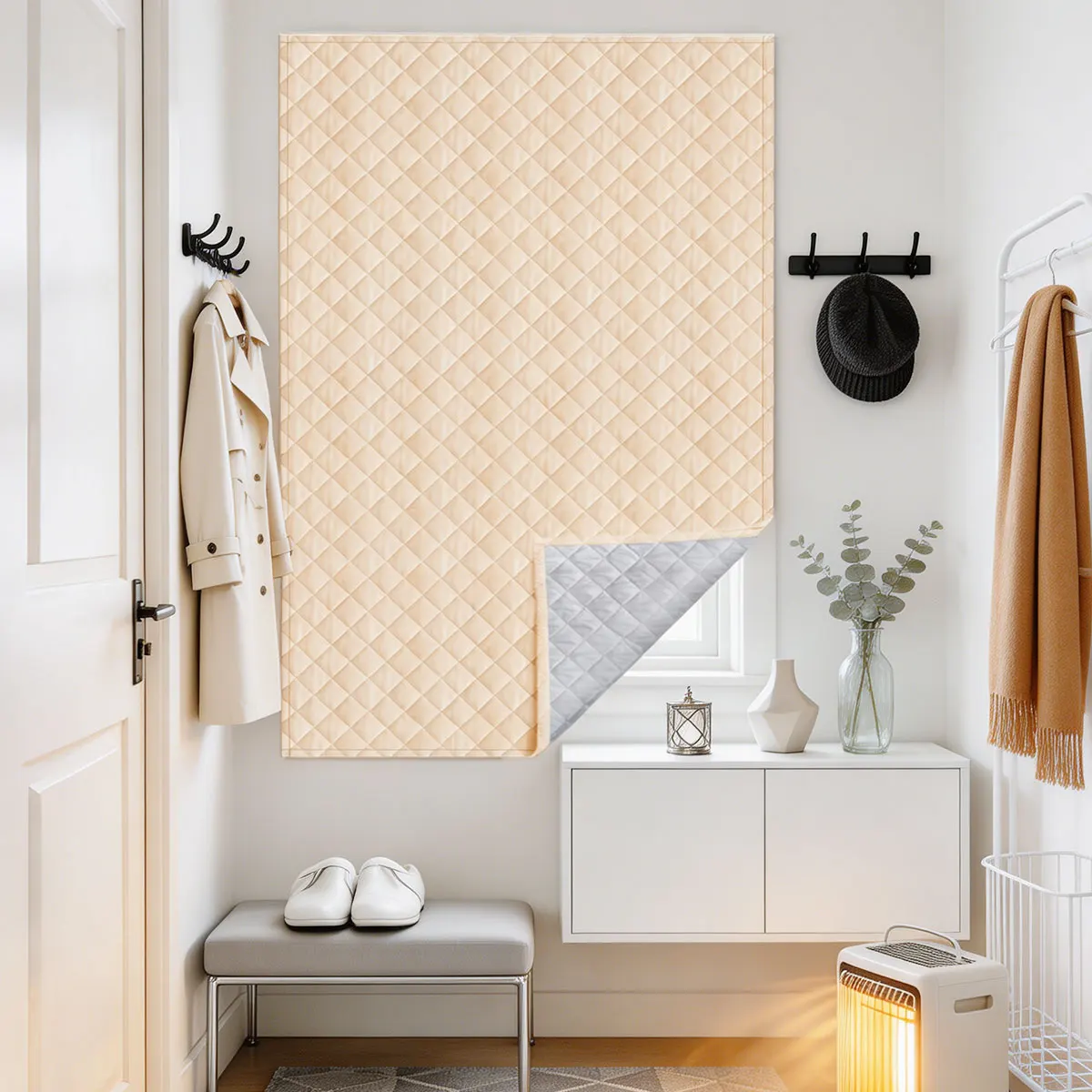1 Piece Cream Thick Quilted Winter Window Blind, Soft Wabi-Sabi Style, Triple-Layer Cold Proof Sound Absorbing Insulated Curtain